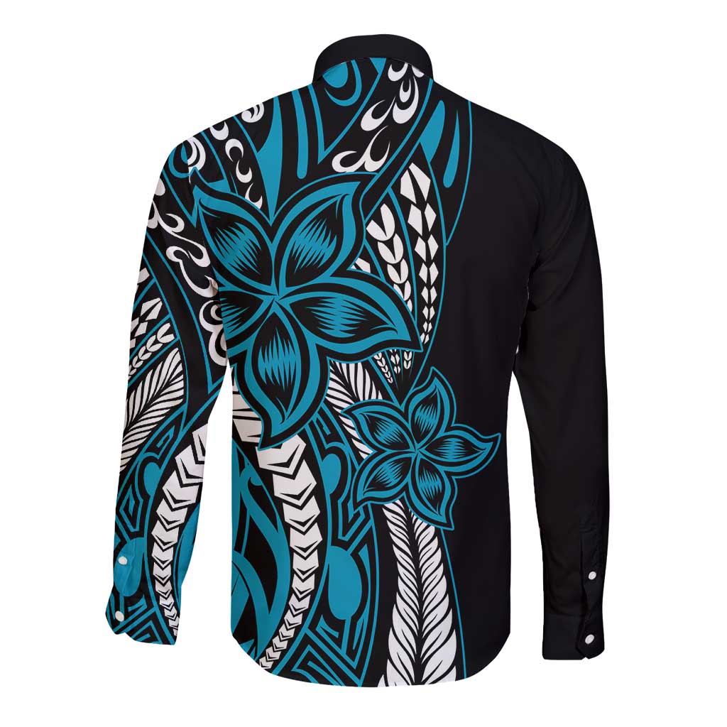 Polynesian Plumeria Floral Tattoo Pattern Long Sleeve Button Shirt Blue Style LT9 - Polynesian Pride