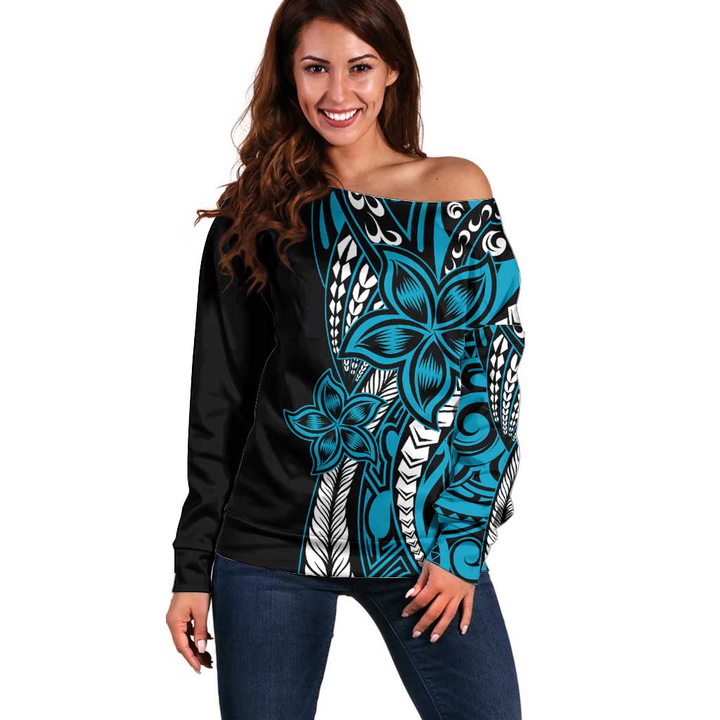 Polynesian Plumeria Floral Tattoo Pattern Off Shoulder Sweater Blue Style LT9 Women Blue - Polynesian Pride