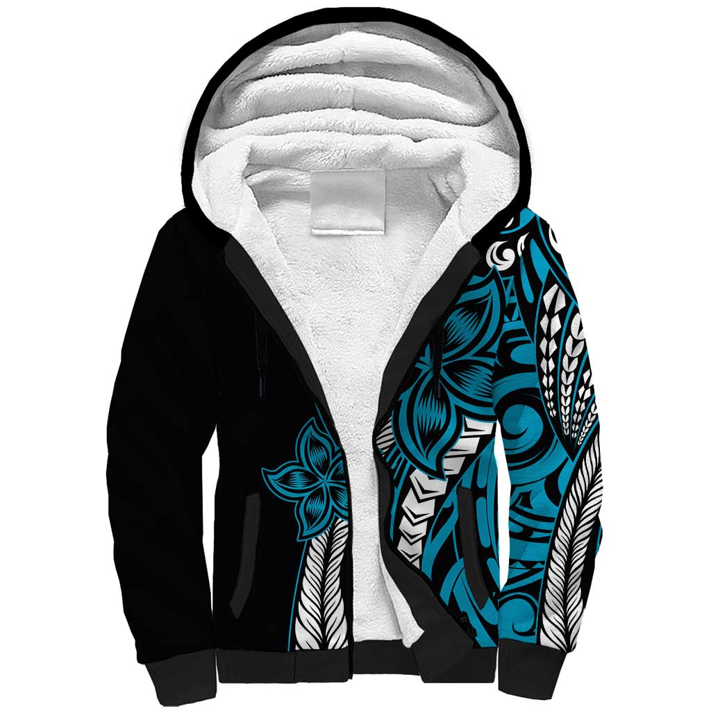 Polynesian Plumeria Floral Tattoo Pattern Sherpa Hoodie Blue Style LT9 Unisex Blue - Polynesian Pride