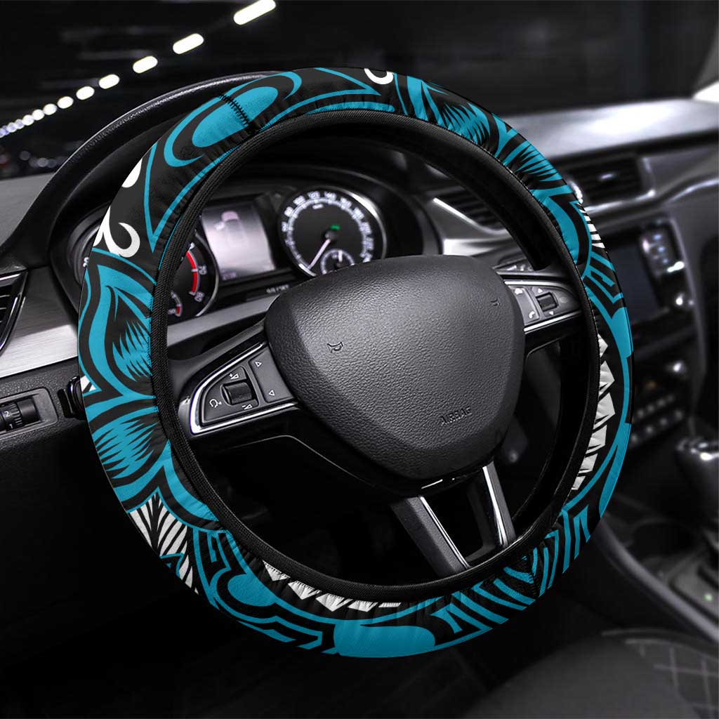 Polynesian Plumeria Floral Tattoo Pattern Steering Wheel Cover Blue Style LT9 Universal Fit Blue - Polynesian Pride
