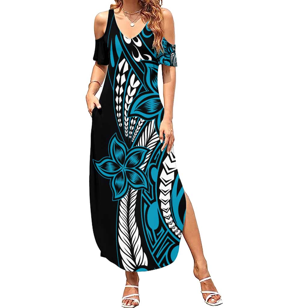 Polynesian Plumeria Floral Tattoo Pattern Summer Maxi Dress Blue Style LT9 Women Blue - Polynesian Pride