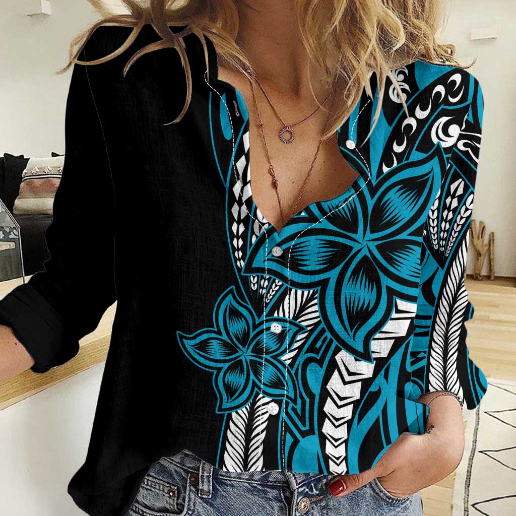 Polynesian Plumeria Floral Tattoo Pattern Women Casual Shirt Blue Style LT9 Female Blue - Polynesian Pride