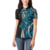 Polynesian Plumeria Floral Tattoo Pattern Women Polo Shirt Bllue Style