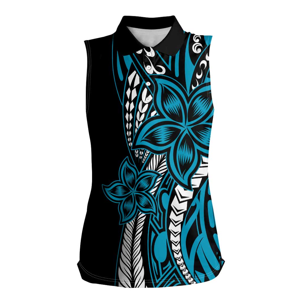 Polynesian Plumeria Floral Tattoo Pattern Women Sleeveless Polo Shirt Blue Style LT9 Female Blue - Polynesian Pride