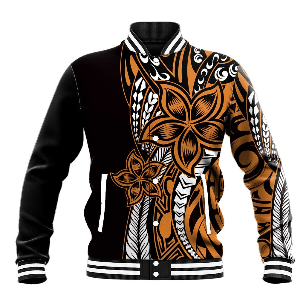 Polynesian Plumeria Floral Tattoo Pattern Baseball Jacket Gold Style