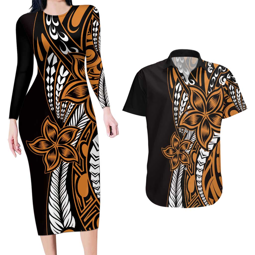 Polynesian Plumeria Floral Tattoo Pattern Couples Matching Long Sleeve Bodycon Dress and Hawaiian Shirt Gold Style LT9 Gold - Polynesian Pride