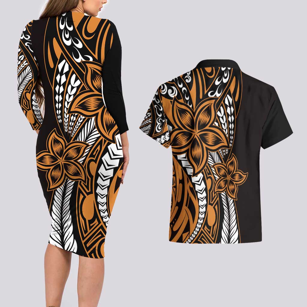 Polynesian Plumeria Floral Tattoo Pattern Couples Matching Long Sleeve Bodycon Dress and Hawaiian Shirt Gold Style LT9 - Polynesian Pride