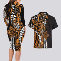 Polynesian Plumeria Floral Tattoo Pattern Couples Matching Long Sleeve Bodycon Dress and Hawaiian Shirt Gold Style LT9 - Polynesian Pride