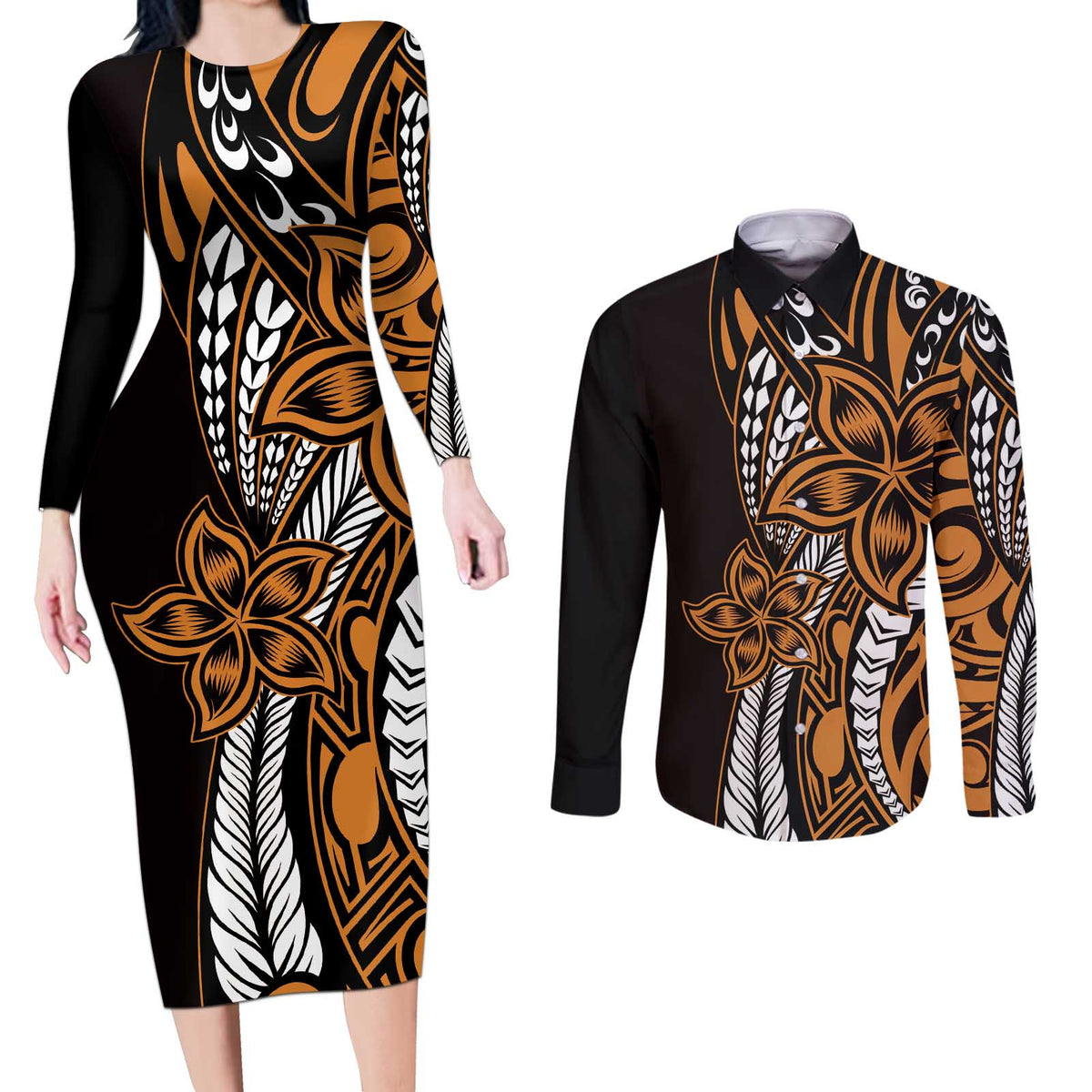 Polynesian Plumeria Floral Tattoo Pattern Couples Matching Long Sleeve Bodycon Dress and Long Sleeve Button Shirt Gold Style LT9 Gold - Polynesian Pride