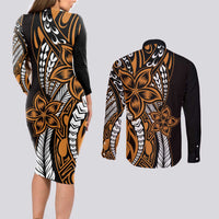 Polynesian Plumeria Floral Tattoo Pattern Couples Matching Long Sleeve Bodycon Dress and Long Sleeve Button Shirt Gold Style LT9 - Polynesian Pride
