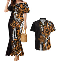 Polynesian Plumeria Floral Tattoo Pattern Couples Matching Mermaid Dress and Hawaiian Shirt Gold Style LT9 Gold - Polynesian Pride