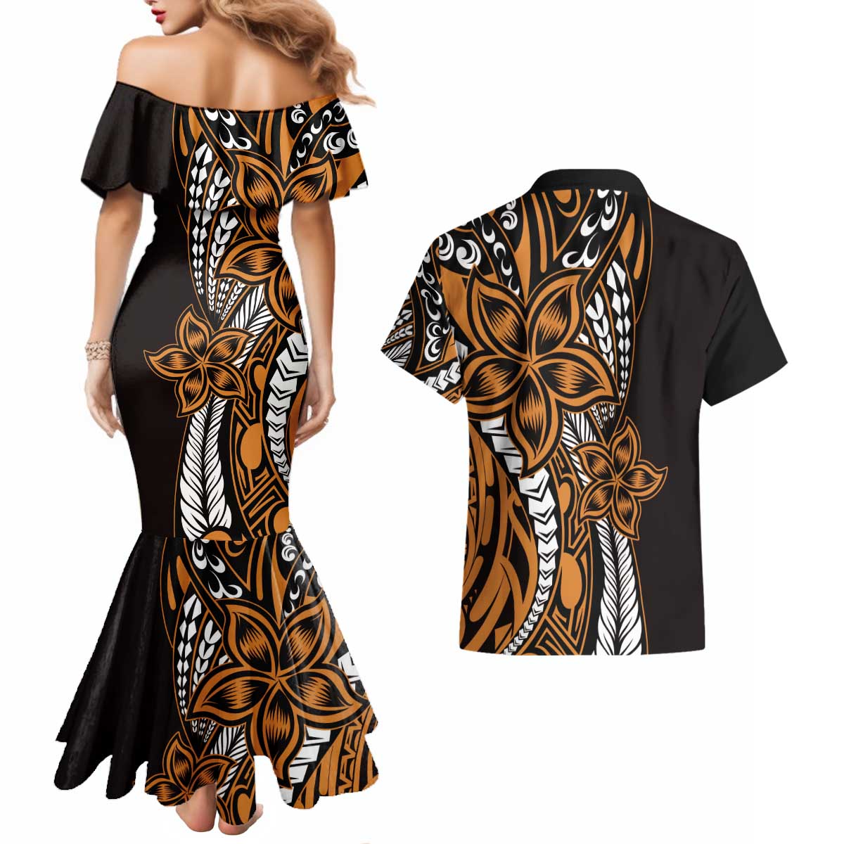 Polynesian Plumeria Floral Tattoo Pattern Couples Matching Mermaid Dress and Hawaiian Shirt Gold Style LT9 - Polynesian Pride