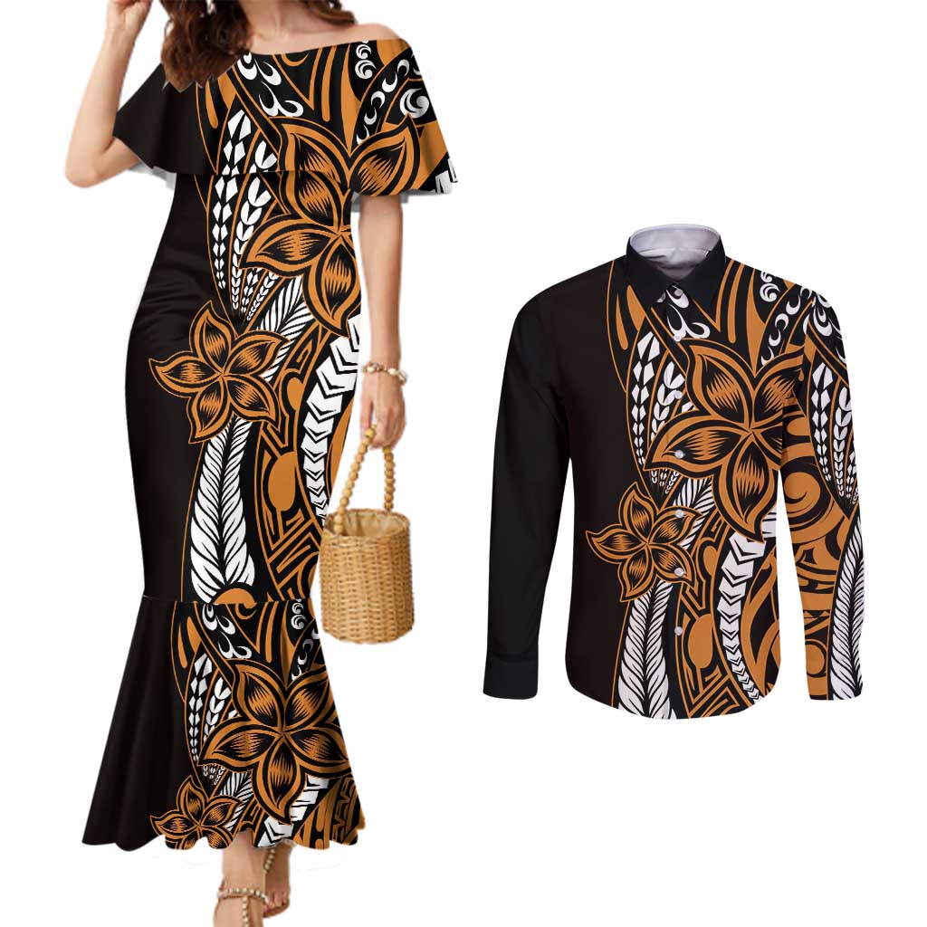 Polynesian Plumeria Floral Tattoo Pattern Couples Matching Mermaid Dress and Long Sleeve Button Shirt Gold Style