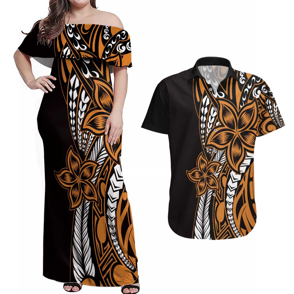 Polynesian Plumeria Floral Tattoo Pattern Couples Matching Off Shoulder Maxi Dress and Hawaiian Shirt Gold Style LT9 Gold - Polynesian Pride