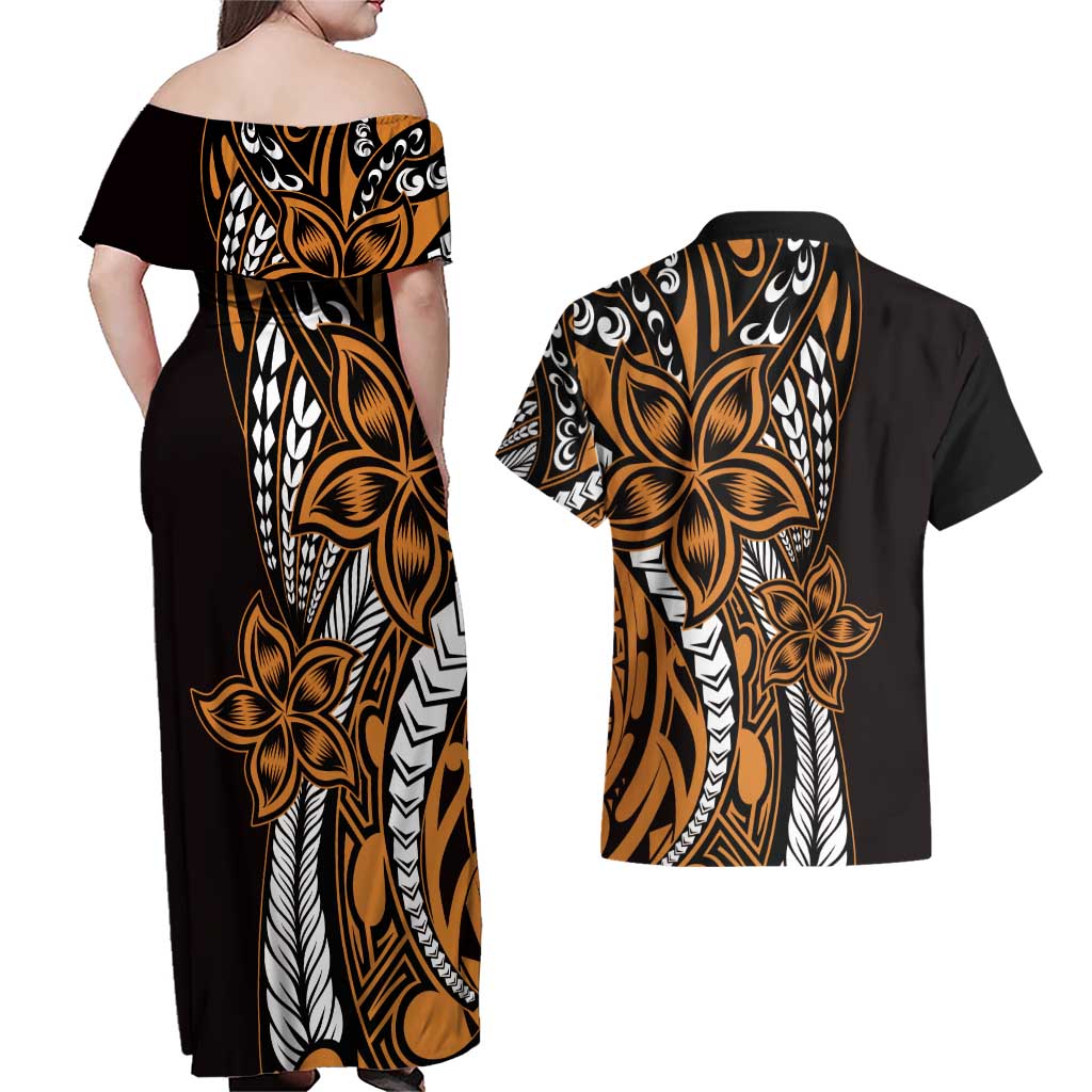 Polynesian Plumeria Floral Tattoo Pattern Couples Matching Off Shoulder Maxi Dress and Hawaiian Shirt Gold Style LT9 - Polynesian Pride