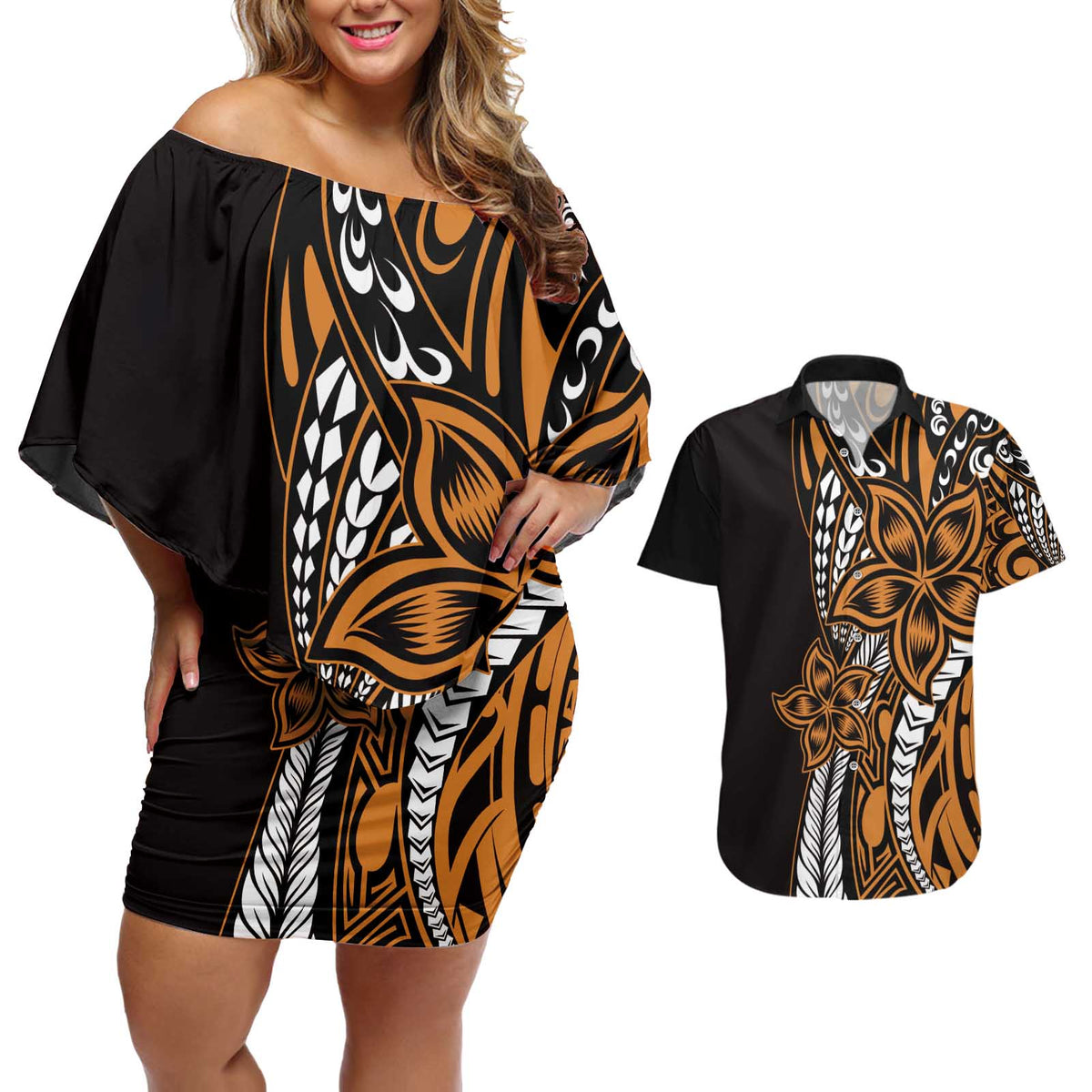 Polynesian Plumeria Floral Tattoo Pattern Couples Matching Off Shoulder Short Dress and Hawaiian Shirt Gold Style LT9 Gold - Polynesian Pride