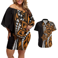 Polynesian Plumeria Floral Tattoo Pattern Couples Matching Off Shoulder Short Dress and Hawaiian Shirt Gold Style LT9 Gold - Polynesian Pride