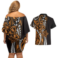 Polynesian Plumeria Floral Tattoo Pattern Couples Matching Off Shoulder Short Dress and Hawaiian Shirt Gold Style LT9 - Polynesian Pride