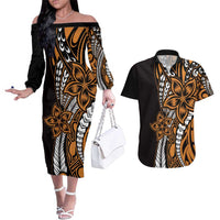 Polynesian Plumeria Floral Tattoo Pattern Couples Matching Off The Shoulder Long Sleeve Dress and Hawaiian Shirt Gold Style LT9 Gold - Polynesian Pride