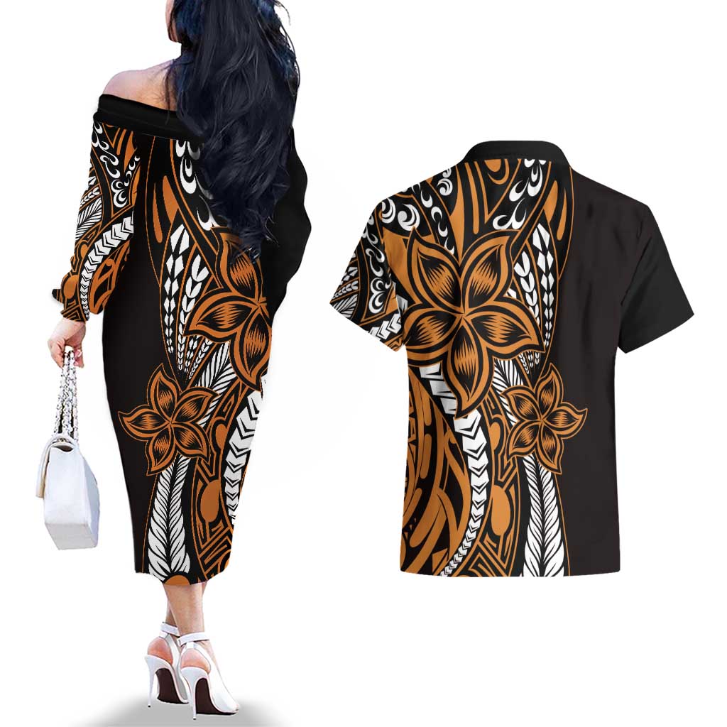 Polynesian Plumeria Floral Tattoo Pattern Couples Matching Off The Shoulder Long Sleeve Dress and Hawaiian Shirt Gold Style LT9 - Polynesian Pride