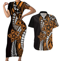Polynesian Plumeria Floral Tattoo Pattern Couples Matching Short Sleeve Bodycon Dress and Hawaiian Shirt Gold Style LT9 Gold - Polynesian Pride