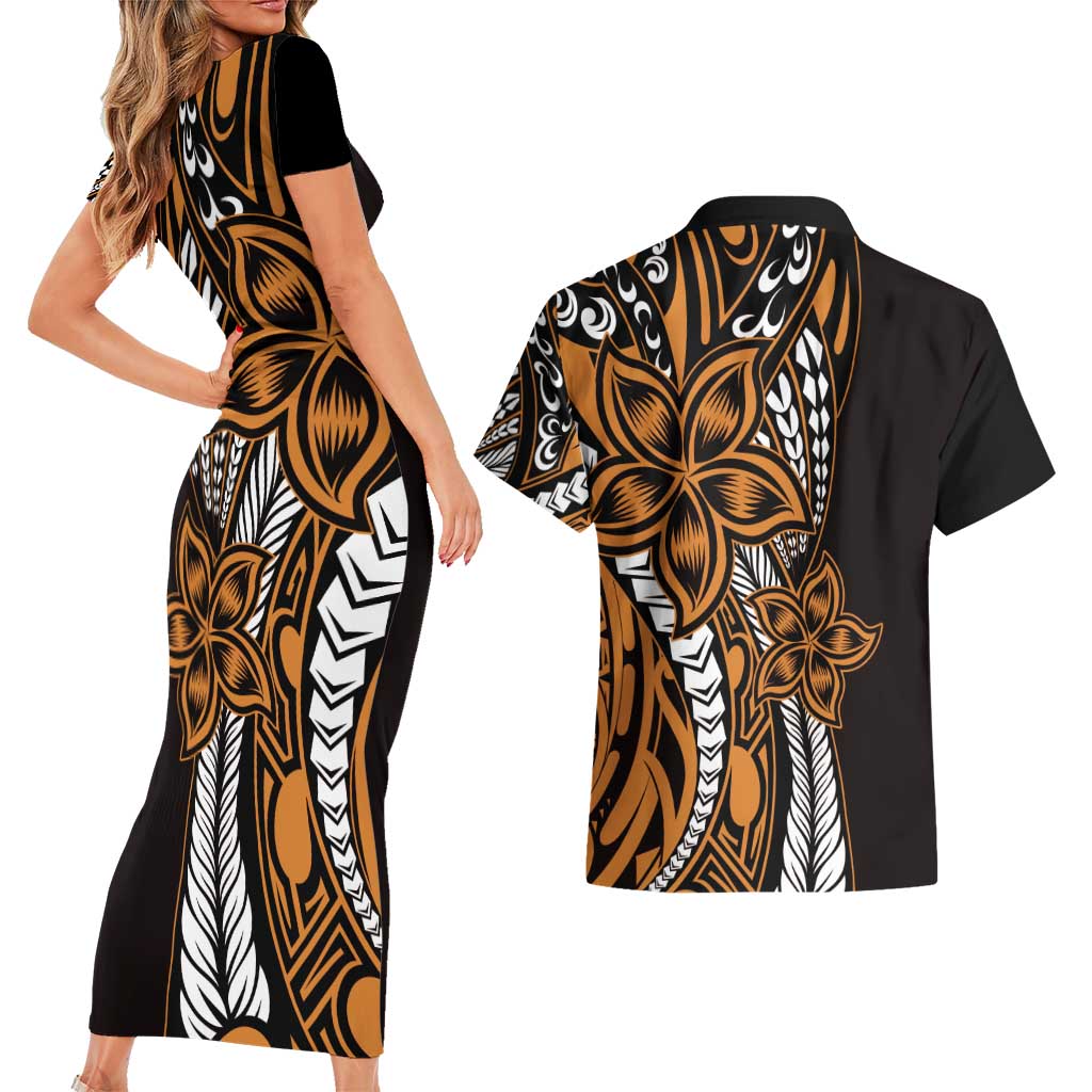 Polynesian Plumeria Floral Tattoo Pattern Couples Matching Short Sleeve Bodycon Dress and Hawaiian Shirt Gold Style LT9 - Polynesian Pride