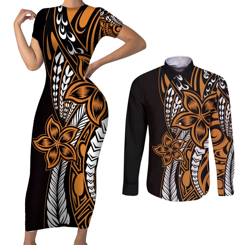 Polynesian Plumeria Floral Tattoo Pattern Couples Matching Short Sleeve Bodycon Dress and Long Sleeve Button Shirt Gold Style LT9 Gold - Polynesian Pride