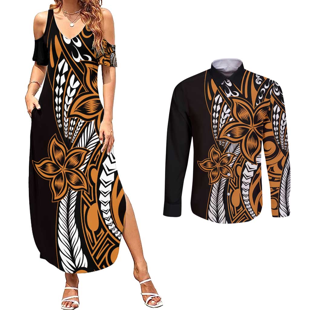Polynesian Plumeria Floral Tattoo Pattern Couples Matching Summer Maxi Dress and Long Sleeve Button Shirt Gold Style LT9 Gold - Polynesian Pride