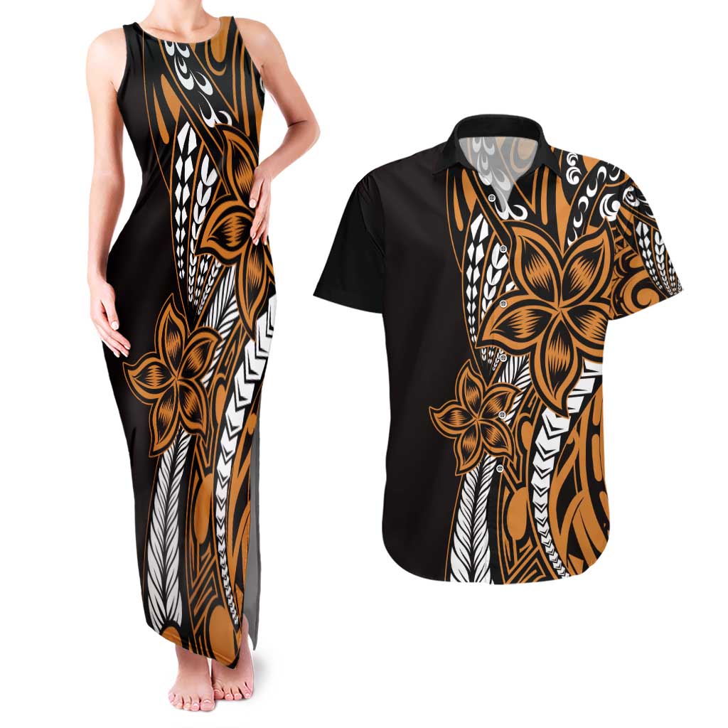 Polynesian Plumeria Floral Tattoo Pattern Couples Matching Tank Maxi Dress and Hawaiian Shirt Gold Style LT9 Gold - Polynesian Pride