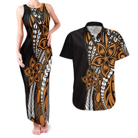 Polynesian Plumeria Floral Tattoo Pattern Couples Matching Tank Maxi Dress and Hawaiian Shirt Gold Style LT9 Gold - Polynesian Pride