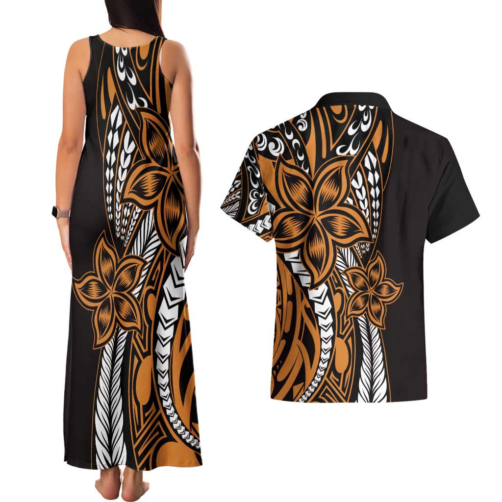 Polynesian Plumeria Floral Tattoo Pattern Couples Matching Tank Maxi Dress and Hawaiian Shirt Gold Style LT9 - Polynesian Pride