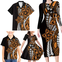 Polynesian Plumeria Floral Tattoo Pattern Family Matching Long Sleeve Bodycon Dress and Hawaiian Shirt Gold Style LT9 - Polynesian Pride