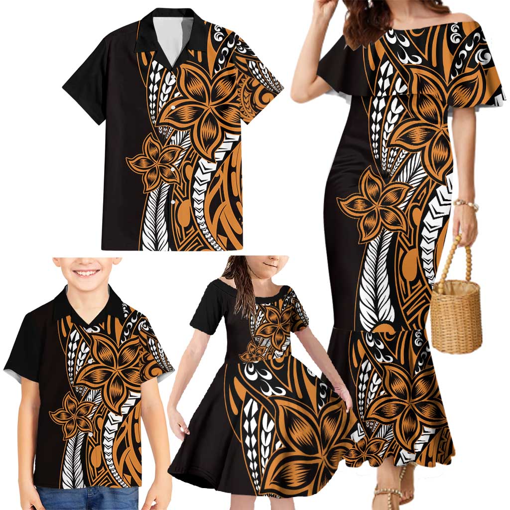 Polynesian Plumeria Floral Tattoo Pattern Family Matching Mermaid Dress and Hawaiian Shirt Gold Style LT9 - Polynesian Pride