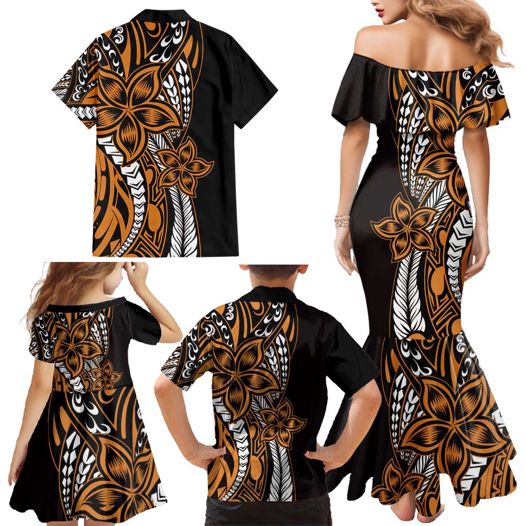 Polynesian Plumeria Floral Tattoo Pattern Family Matching Mermaid Dress and Hawaiian Shirt Gold Style LT9 - Polynesian Pride