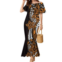 Polynesian Plumeria Floral Tattoo Pattern Family Matching Mermaid Dress and Hawaiian Shirt Gold Style LT9 Mom's Dress Gold - Polynesian Pride