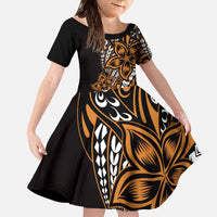 Polynesian Plumeria Floral Tattoo Pattern Family Matching Off The Shoulder Long Sleeve Dress and Hawaiian Shirt Gold Style LT9 Daughter's Dress Gold - Polynesian Pride