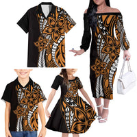 Polynesian Plumeria Floral Tattoo Pattern Family Matching Off The Shoulder Long Sleeve Dress and Hawaiian Shirt Gold Style LT9 - Polynesian Pride
