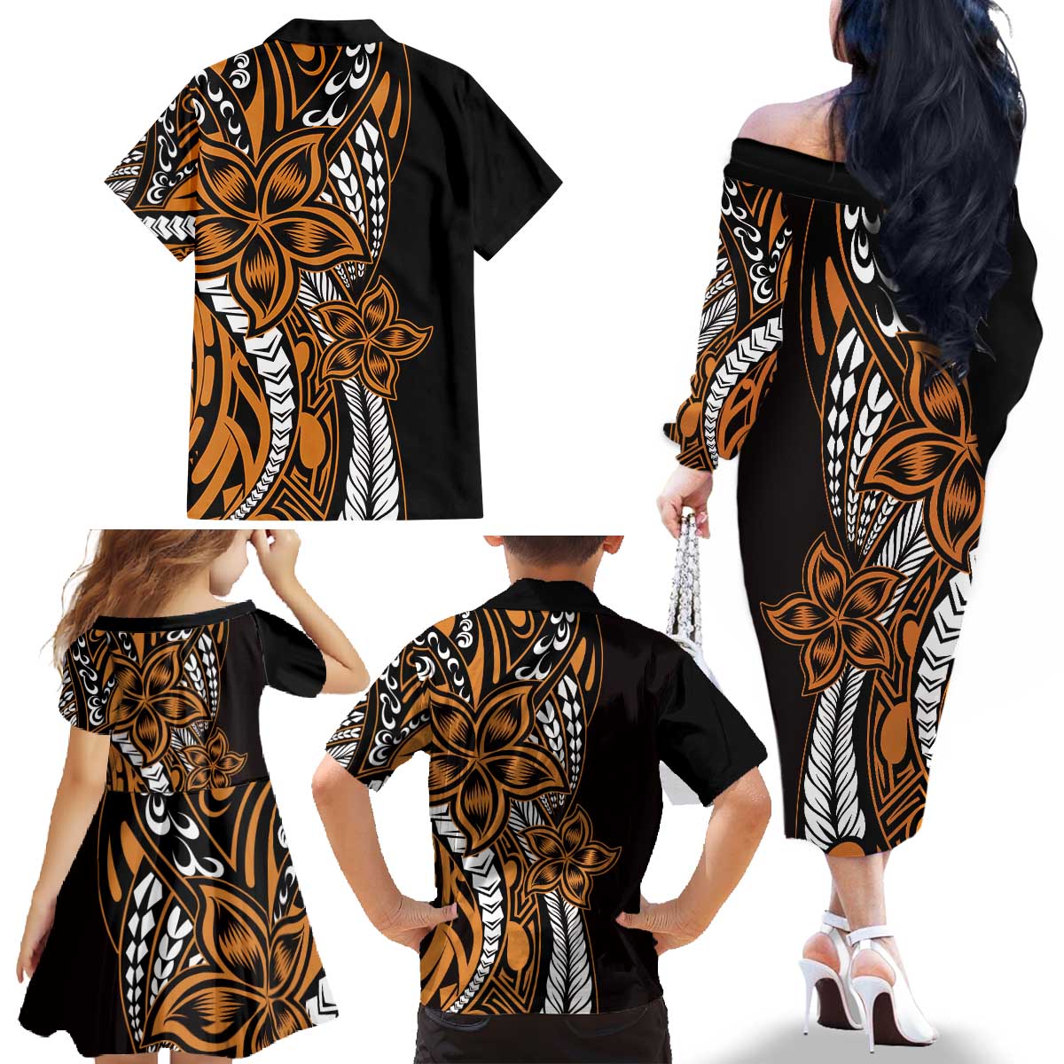Polynesian Plumeria Floral Tattoo Pattern Family Matching Off The Shoulder Long Sleeve Dress and Hawaiian Shirt Gold Style LT9 - Polynesian Pride
