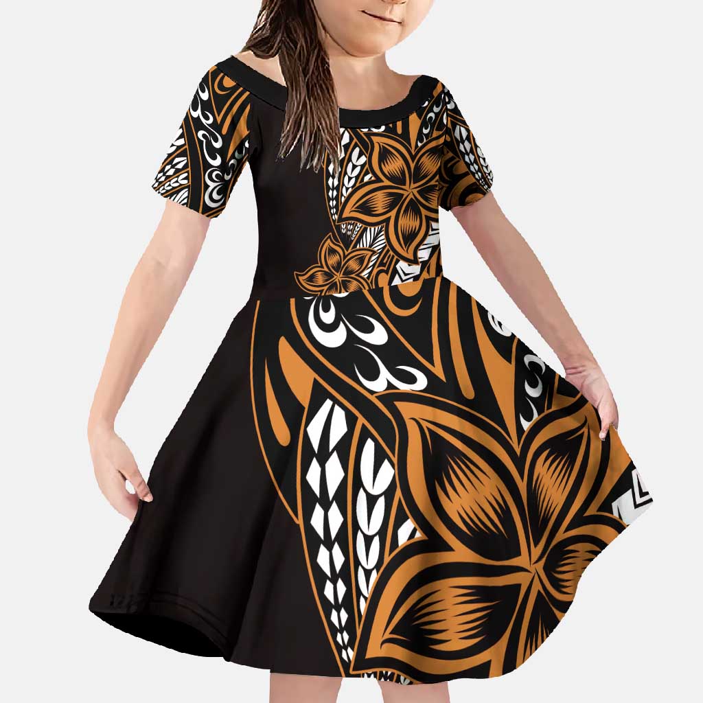Polynesian Plumeria Floral Tattoo Pattern Family Matching Off Shoulder Maxi Dress and Hawaiian Shirt Gold Style LT9 Daughter's Dress Gold - Polynesian Pride