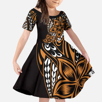 Polynesian Plumeria Floral Tattoo Pattern Family Matching Off Shoulder Maxi Dress and Hawaiian Shirt Gold Style LT9 Daughter's Dress Gold - Polynesian Pride