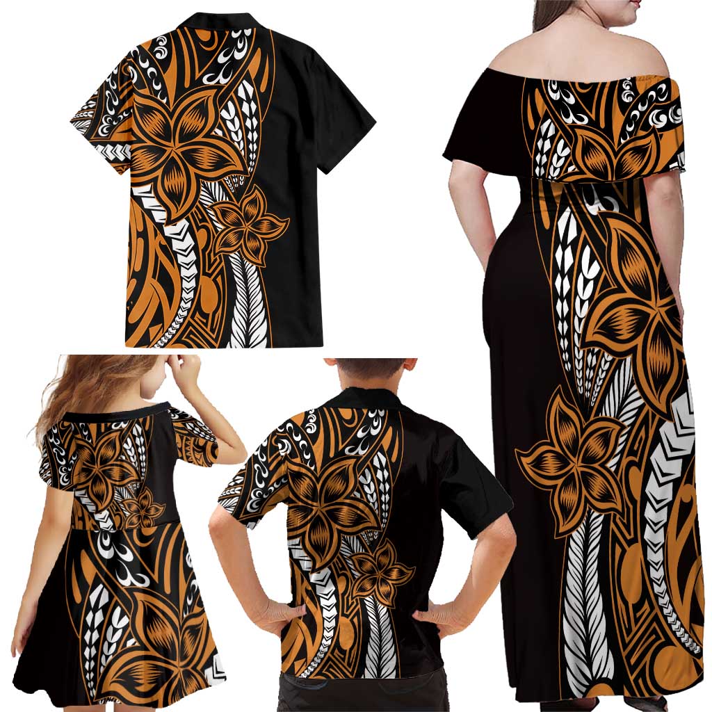 Polynesian Plumeria Floral Tattoo Pattern Family Matching Off Shoulder Maxi Dress and Hawaiian Shirt Gold Style LT9 - Polynesian Pride