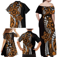 Polynesian Plumeria Floral Tattoo Pattern Family Matching Off Shoulder Maxi Dress and Hawaiian Shirt Gold Style LT9 - Polynesian Pride