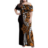 Polynesian Plumeria Floral Tattoo Pattern Family Matching Off Shoulder Maxi Dress and Hawaiian Shirt Gold Style LT9 Mom's Dress Gold - Polynesian Pride