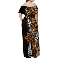 Polynesian Plumeria Floral Tattoo Pattern Family Matching Off Shoulder Maxi Dress and Hawaiian Shirt Gold Style LT9 - Polynesian Pride