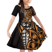 Polynesian Plumeria Floral Tattoo Pattern Family Matching Off Shoulder Short Dress and Hawaiian Shirt Gold Style LT9 Daughter's Dress Gold - Polynesian Pride