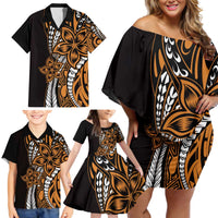 Polynesian Plumeria Floral Tattoo Pattern Family Matching Off Shoulder Short Dress and Hawaiian Shirt Gold Style LT9 - Polynesian Pride