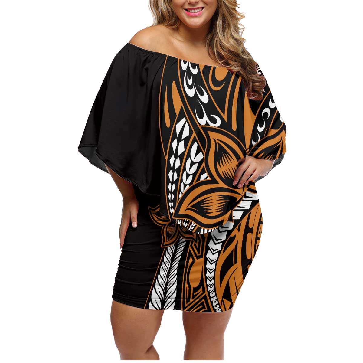Polynesian Plumeria Floral Tattoo Pattern Family Matching Off Shoulder Short Dress and Hawaiian Shirt Gold Style LT9 Mom's Dress Gold - Polynesian Pride