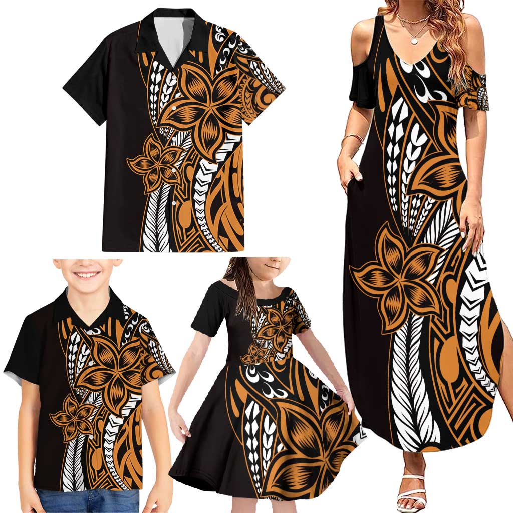 Polynesian Plumeria Floral Tattoo Pattern Family Matching Summer Maxi Dress and Hawaiian Shirt Gold Style LT9 - Polynesian Pride