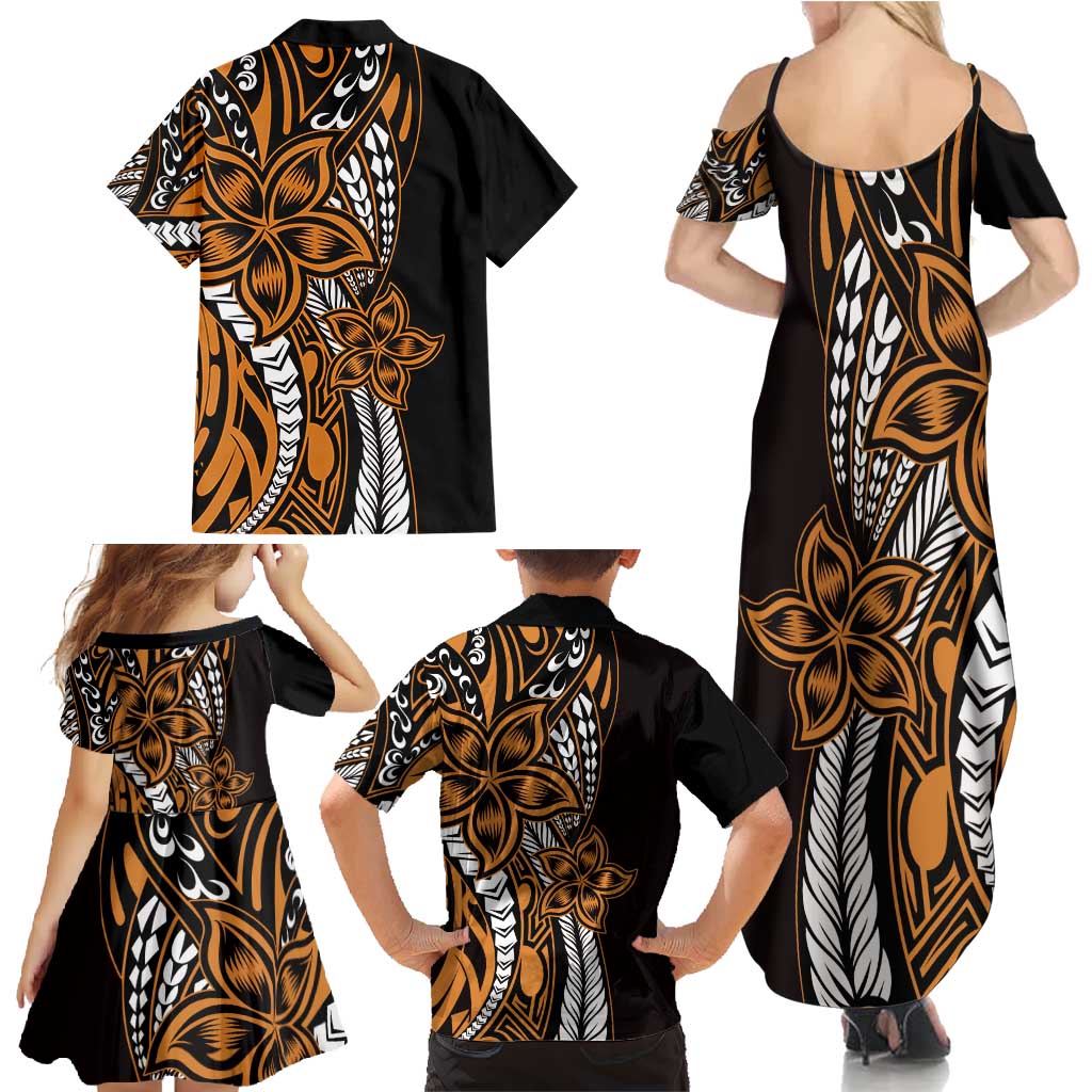 Polynesian Plumeria Floral Tattoo Pattern Family Matching Summer Maxi Dress and Hawaiian Shirt Gold Style LT9 - Polynesian Pride