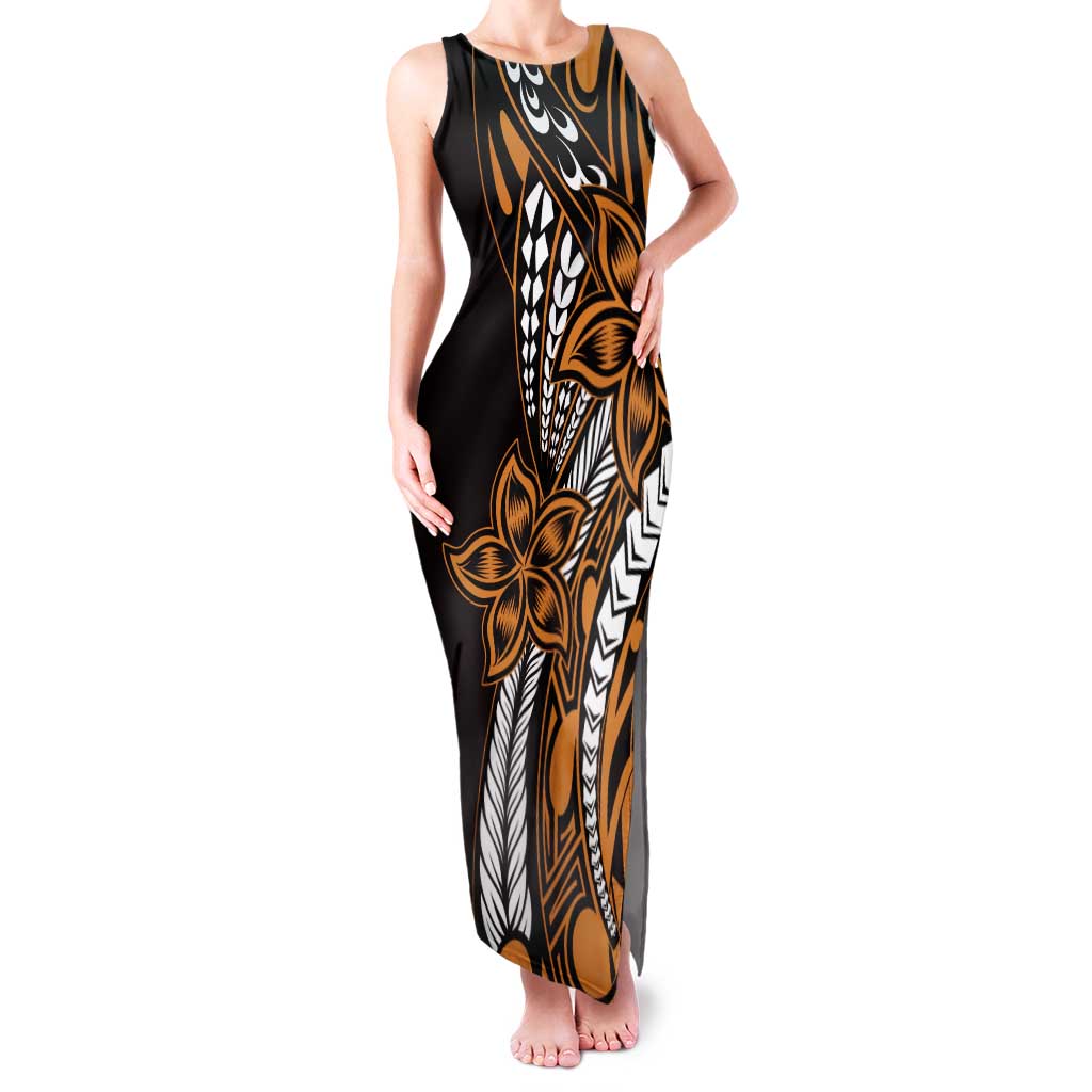 Polynesian Plumeria Floral Tattoo Pattern Family Matching Tank Maxi Dress and Hawaiian Shirt Gold Style LT9 Mom's Dress Gold - Polynesian Pride